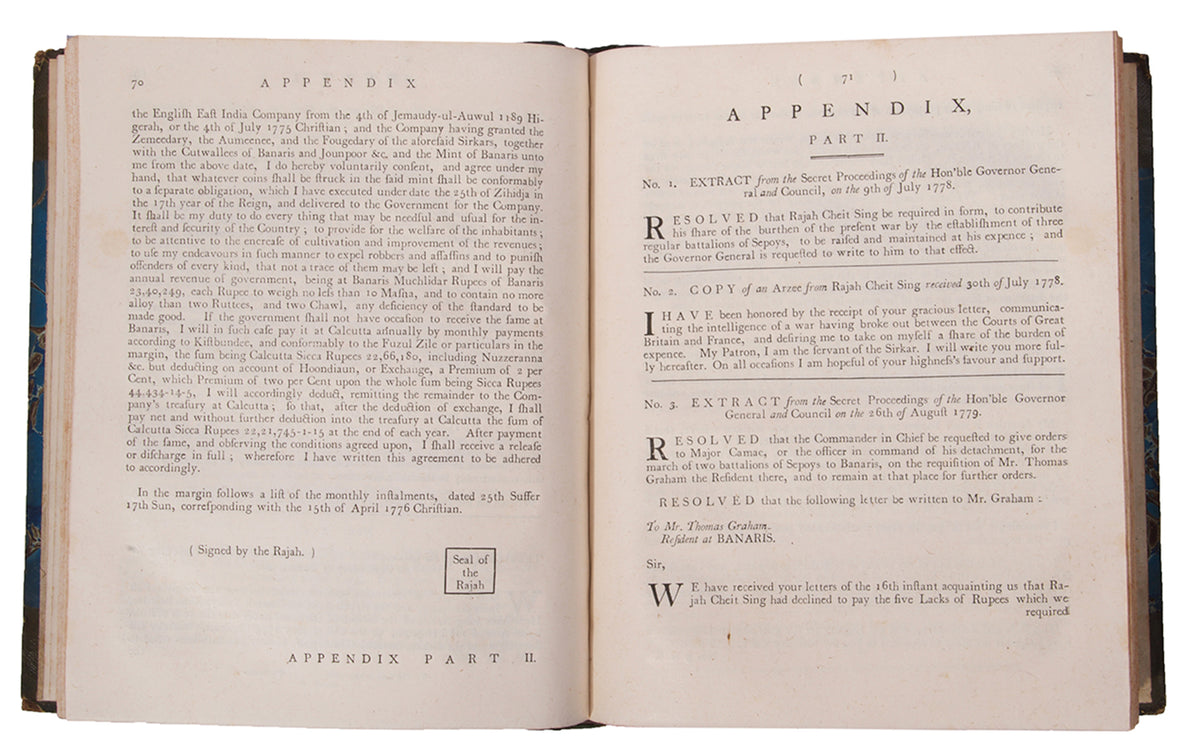 Warren Hastings's A Narrative of the Insurrection was the first historical publication to be printed in Calcutta and only the fourth book to be printed by the East India Company's press. 