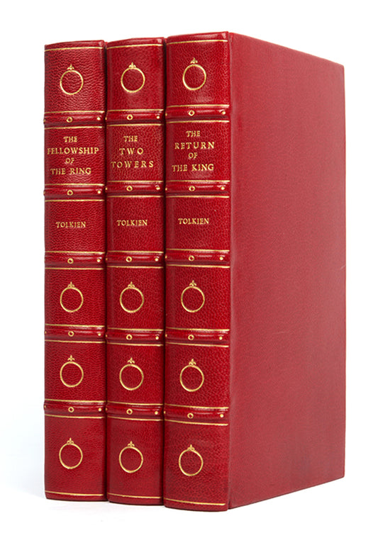 A lovely example of Tolkein's modern classic The Lord of the Rings sumptuously bound in full red morocco gilt