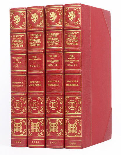 First editions of A History of the English Speaking Peoples by Winston Churchill, signed by the author in volume one