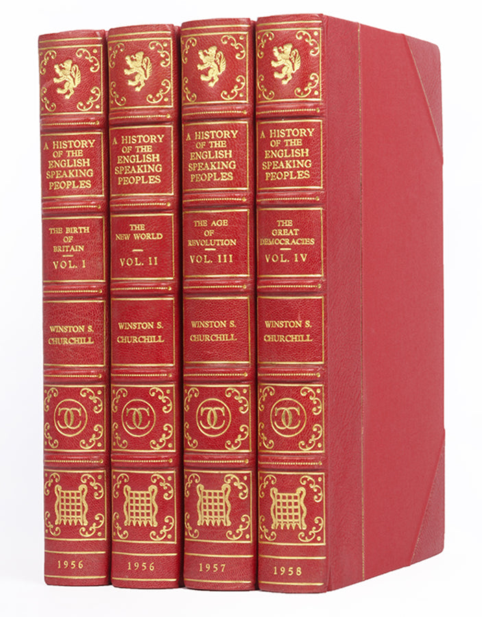 First editions of A History of the English Speaking Peoples by Winston Churchill, signed by the author in volume one.