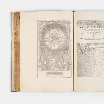 First collected edition of mathematician Oronce Finé's Protomathesis, a beautifully illustrated publication encompassing arithmetic, geometry, cosmography, and sundials.