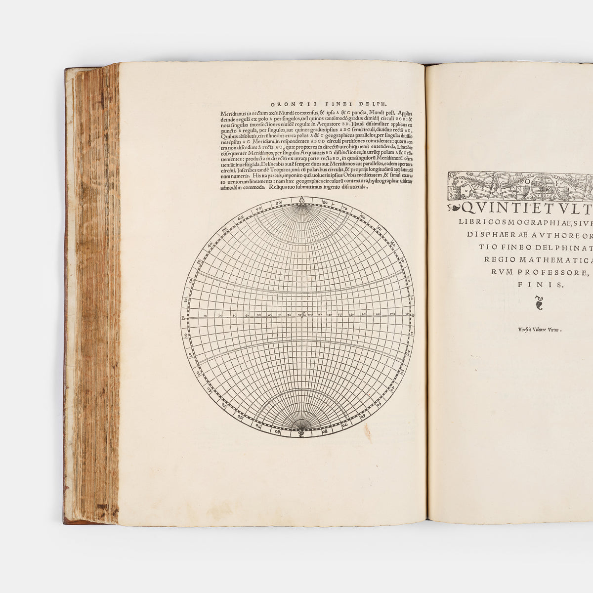First collected edition of mathematician Oronce Finé's Protomathesis, a beautifully illustrated publication encompassing arithmetic, geometry, cosmography, and sundials.