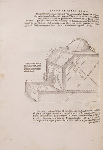 First collected edition of mathematician Oronce Finé's Protomathesis, a beautifully illustrated publication encompassing arithmetic, geometry, cosmography, and sundials.