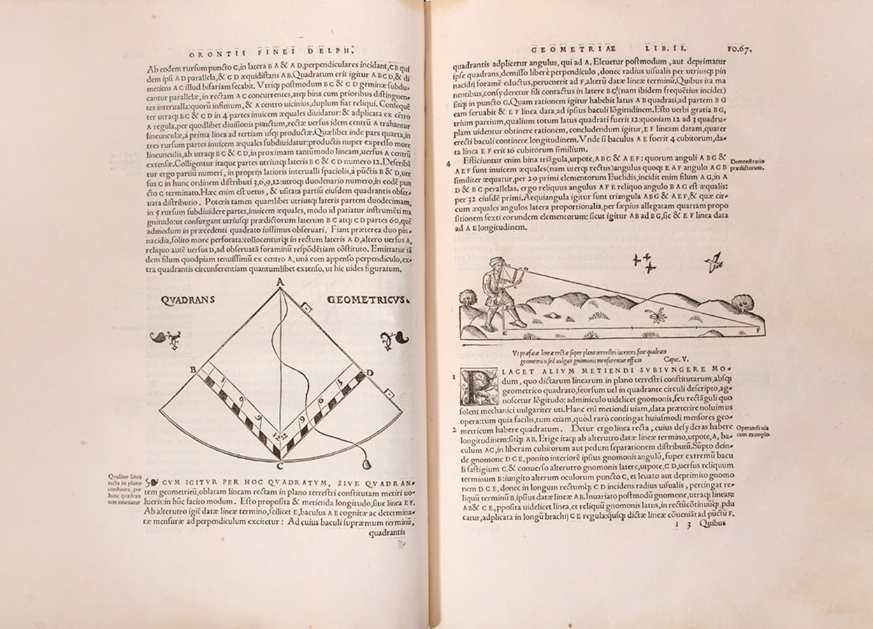 First collected edition of mathematician Oronce Finé's Protomathesis, a beautifully illustrated publication encompassing arithmetic, geometry, cosmography, and sundials.