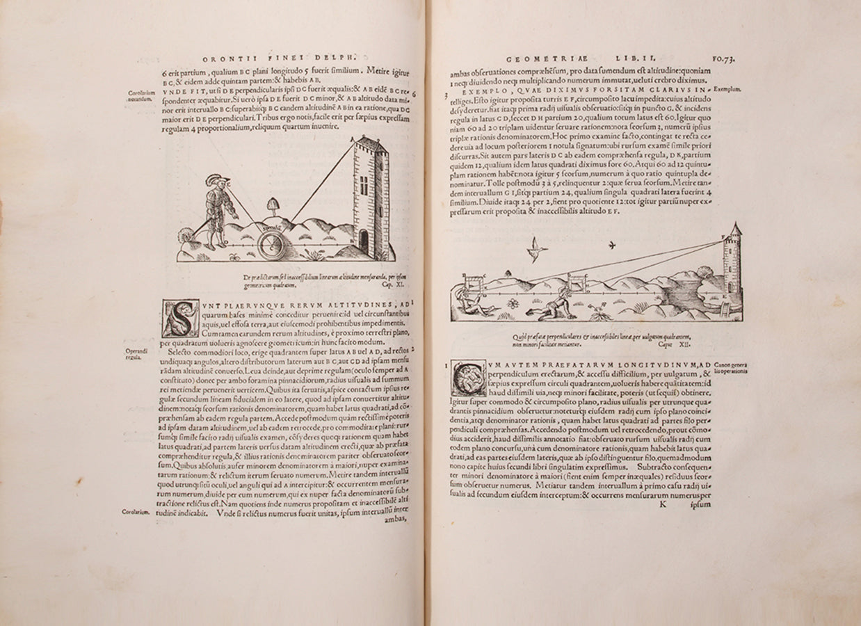 First collected edition of mathematician Oronce Finé's Protomathesis, a beautifully illustrated publication encompassing arithmetic, geometry, cosmography, and sundials.