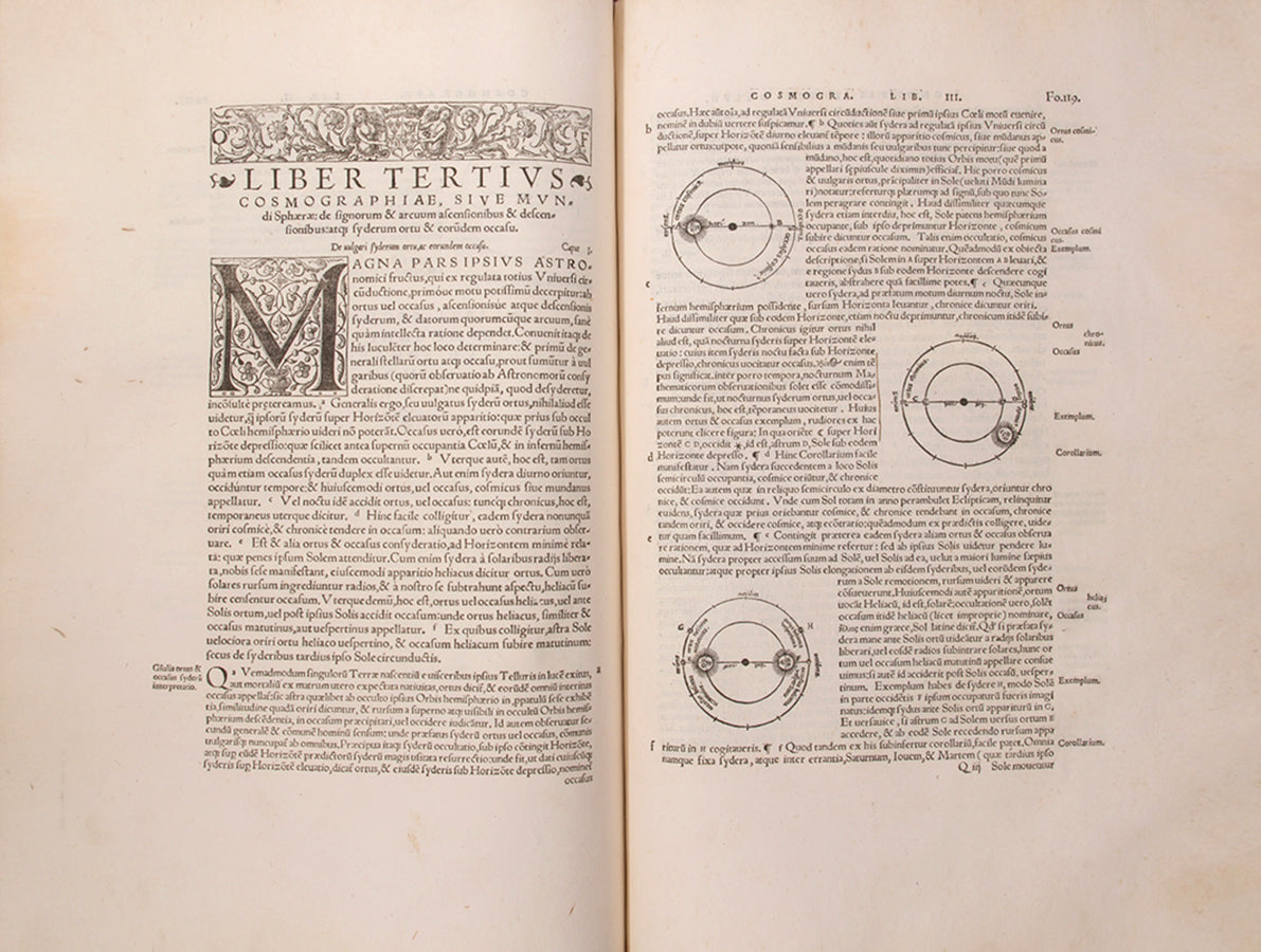 First collected edition of mathematician Oronce Finé's Protomathesis, a beautifully illustrated publication encompassing arithmetic, geometry, cosmography, and sundials.