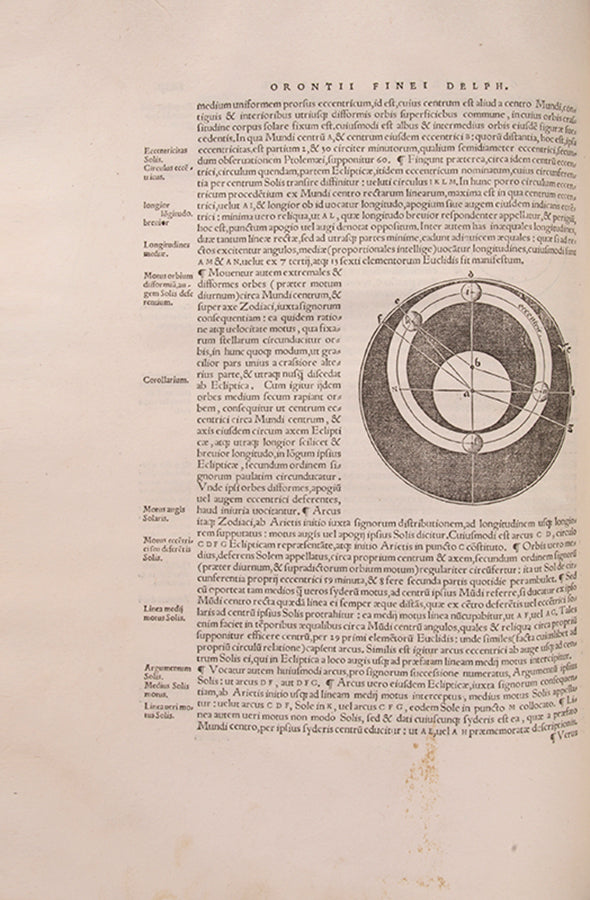 First collected edition of mathematician Oronce Finé's Protomathesis, a beautifully illustrated publication encompassing arithmetic, geometry, cosmography, and sundials.