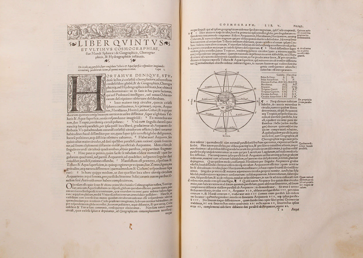 First collected edition of mathematician Oronce Finé's Protomathesis, a beautifully illustrated publication encompassing arithmetic, geometry, cosmography, and sundials.