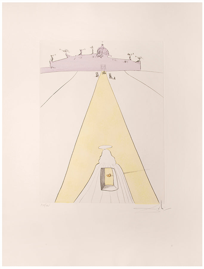 A hand-coloured etching of God, Time, Space and the Pope by Salvador Dali