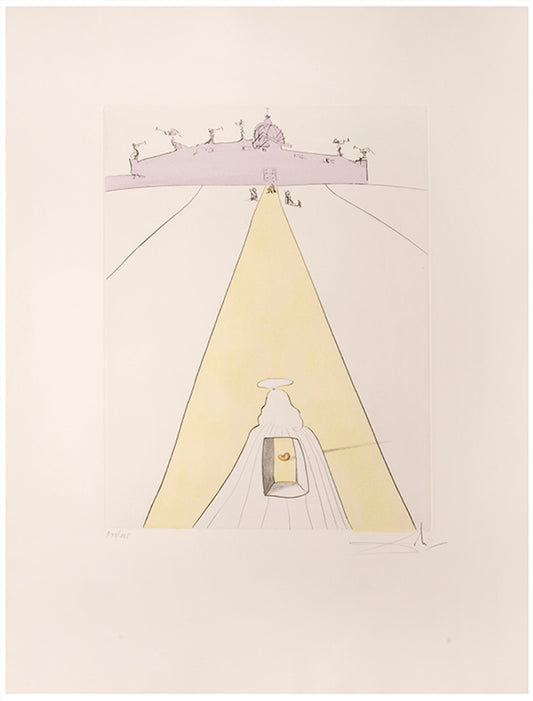 A hand-coloured etching of God, Time, Space and the Pope by Salvador Dali