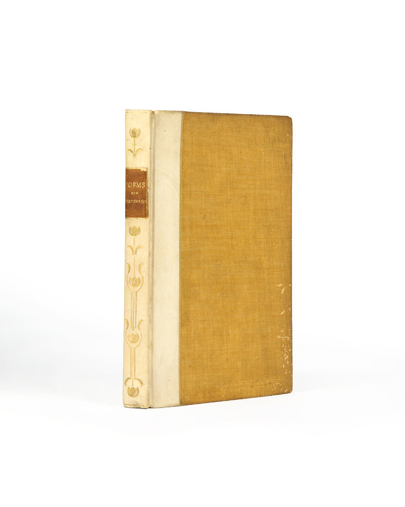 Poems by Robert Louis Stevenson including Underwoods, bound in quarter vellum over yellow cloth, with gilt lettering to spine