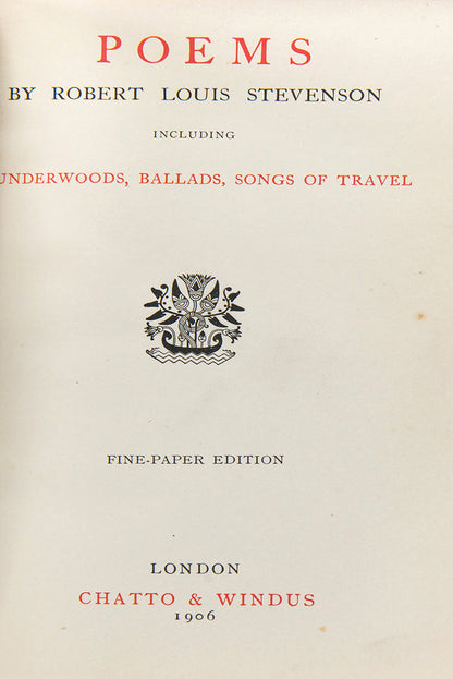 Poems by Robert Louis Stevenson including Underwoods, bound in quarter vellum over yellow cloth, with gilt lettering to spine