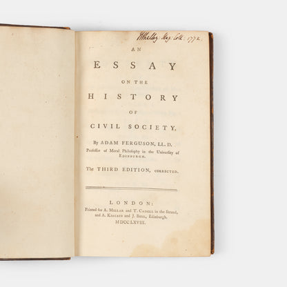 The third edition, published one year after the first, of Adam Ferguson's Essay on the History of Civil Society