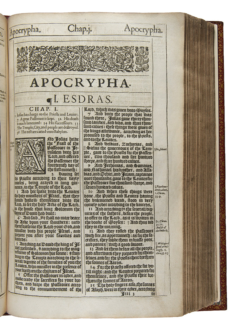 A rare complete example of the fourth distinct folio edition of the King James Bible, beautifully bound in red morocco gilt