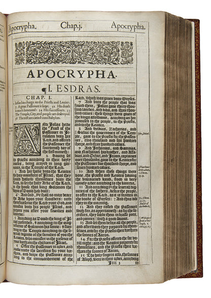 A rare complete example of the fourth distinct folio edition of the King James Bible, beautifully bound in red morocco gilt
