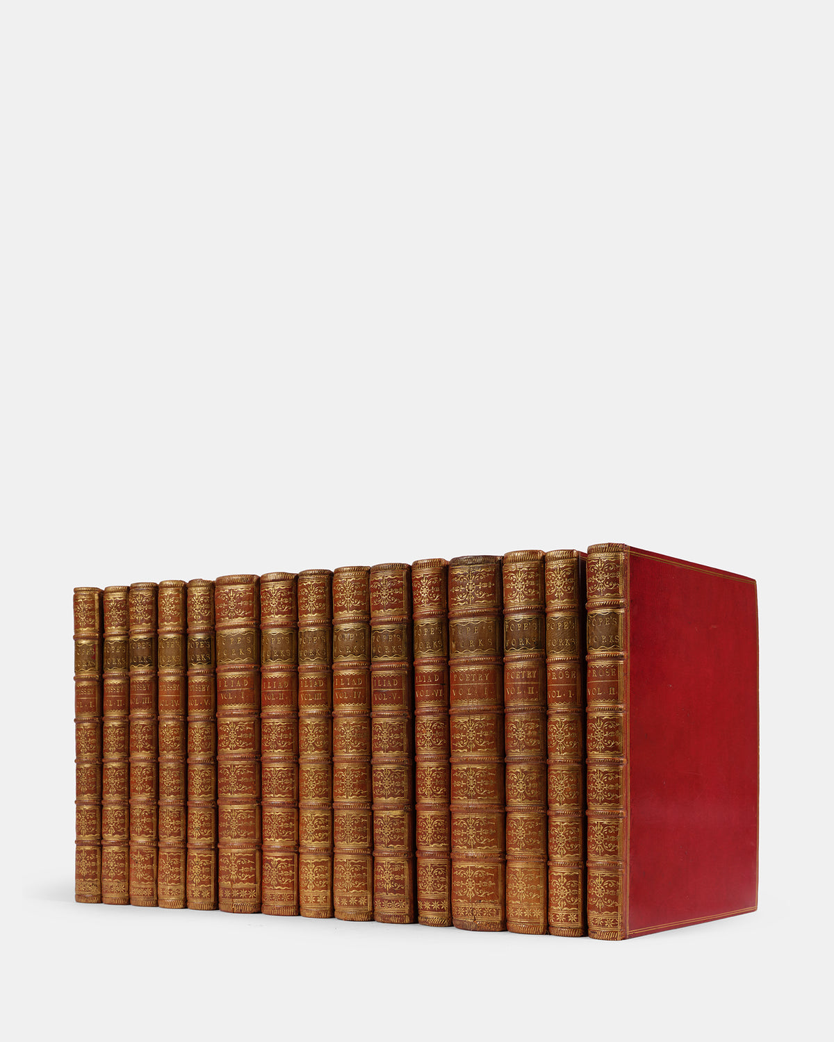 An exceptional set, uniformly bound in striking eigteenth-century red morocco of Alexander Pope's translation of Homer's Iliad and Odyssey and his other works and letters