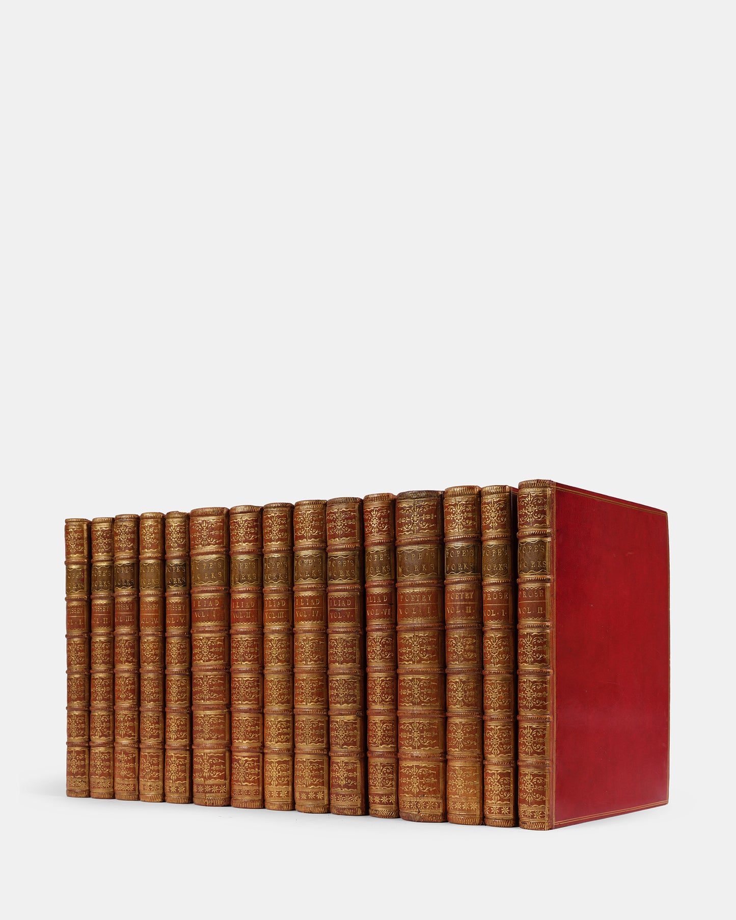 An exceptional set, uniformly bound in striking eigteenth-century red morocco of Alexander Pope's translation of Homer's Iliad and Odyssey and his other works and letters