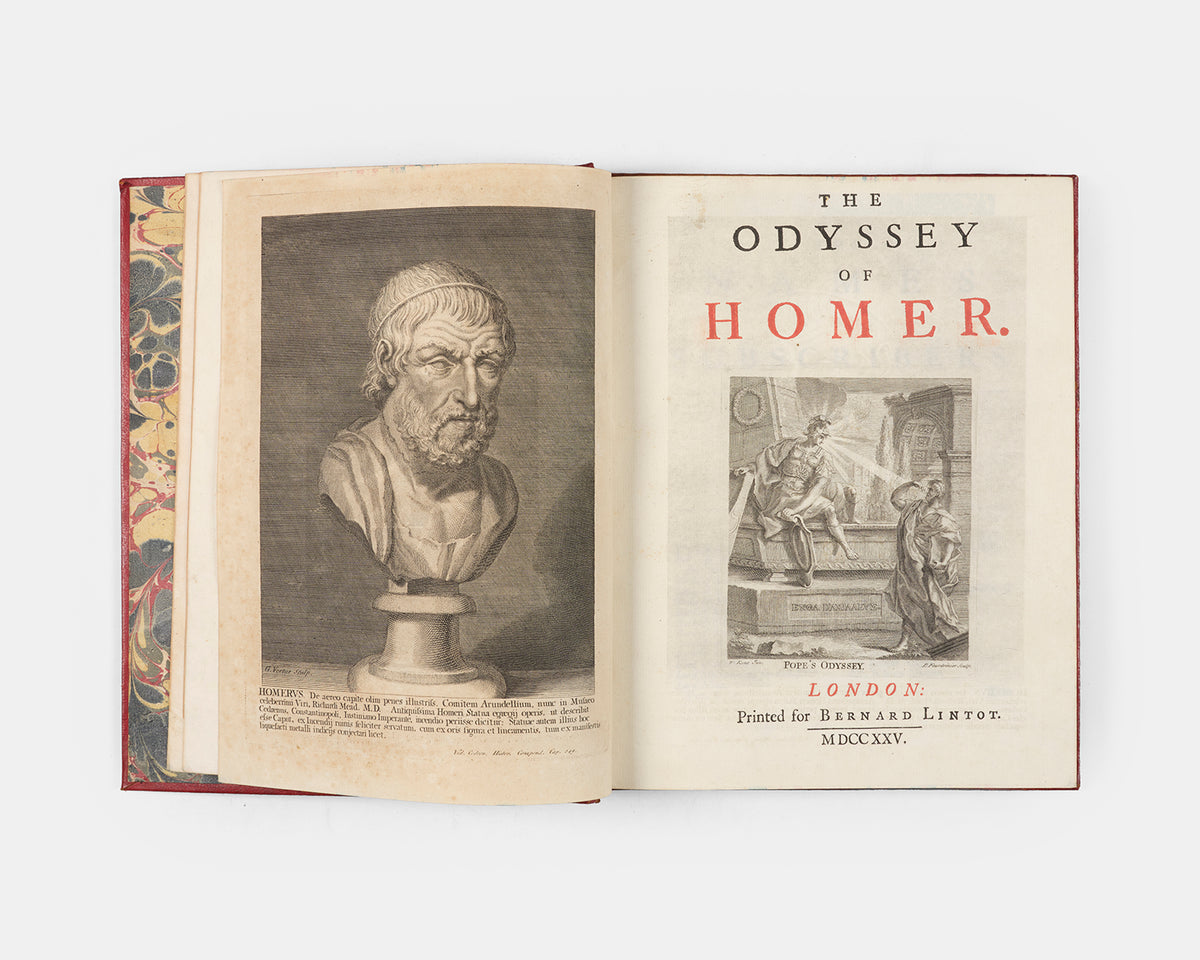 An exceptional set, uniformly bound in striking eigteenth-century red morocco of Alexander Pope's translation of Homer's Iliad and Odyssey and his other works and letters