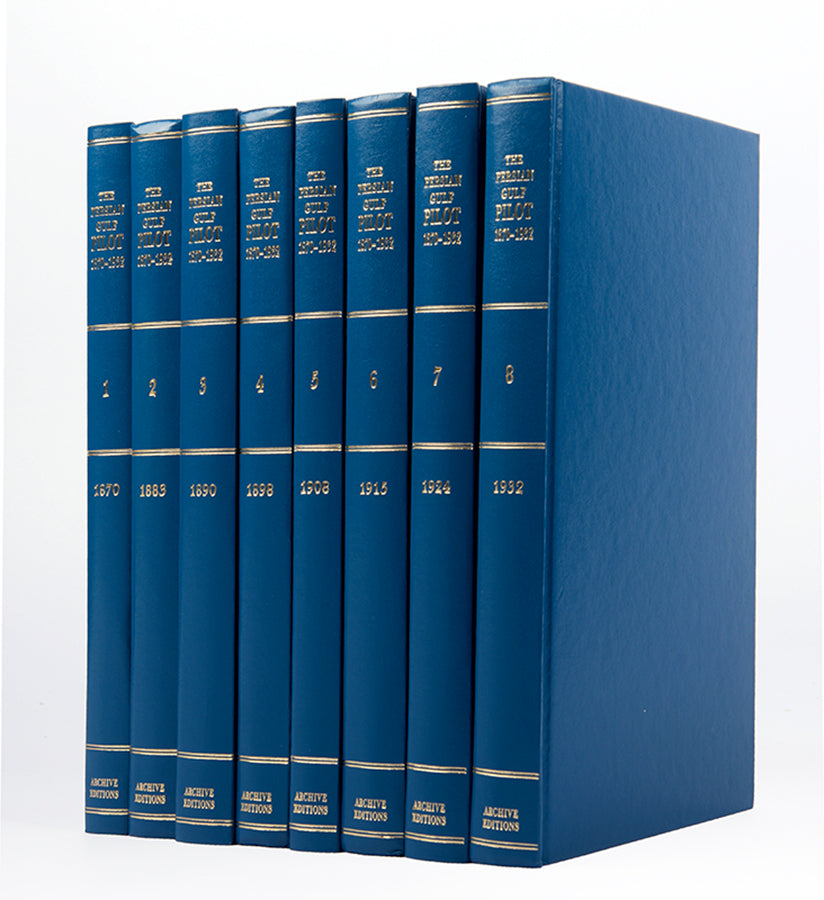 all eight Persian Gulf pilots published between  1870 to 1932. Invaluable not only for sailing directions but also for descriptions of the coast and its towns and villages and how they have grown over the period
