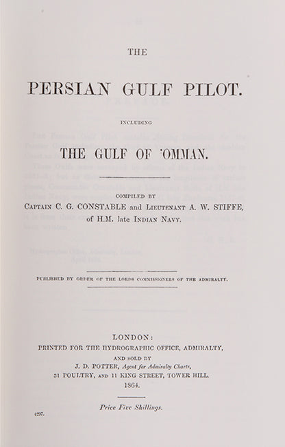 all eight Persian Gulf pilots published between  1870 to 1932. Invaluable not only for sailing directions but also for descriptions of the coast and its towns and villages and how they have grown over the period