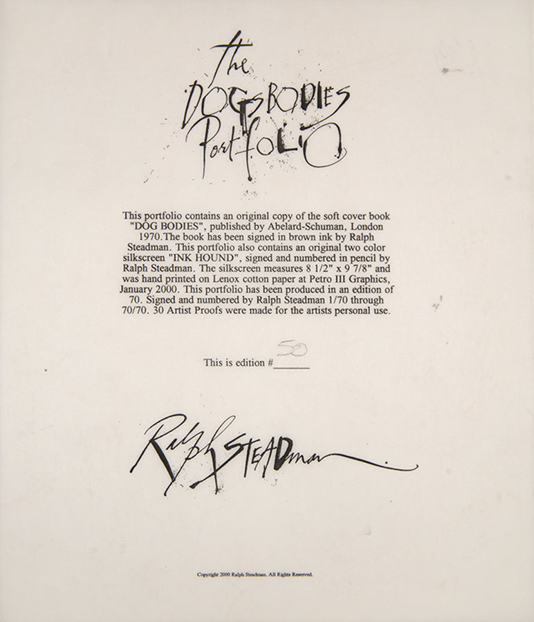A limited edition Ralph Steadman publication, signed by the artist, featuring various depictions of dogs in his signature style.