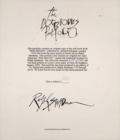 A limited edition Ralph Steadman publication, signed by the artist, featuring various depictions of dogs in his signature style.