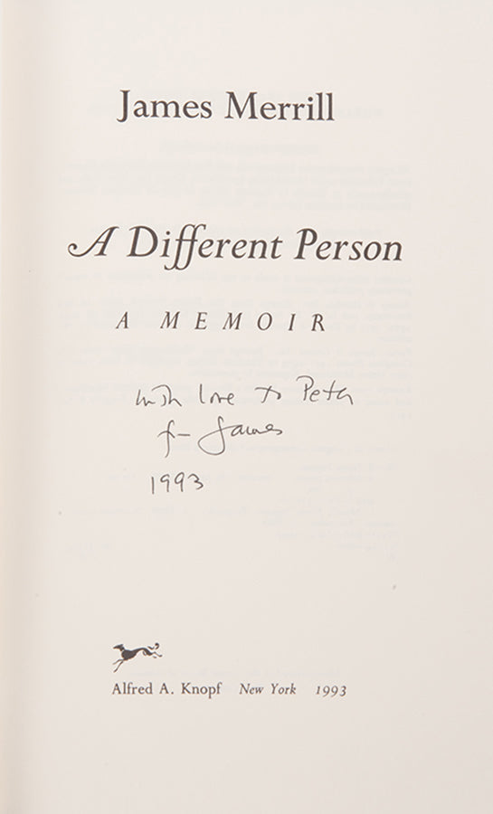 A fine copy of A different person, a memoir, first edition, first printing inscribed by the author to his lover Peter Gillis, with unclipped dust jacket
