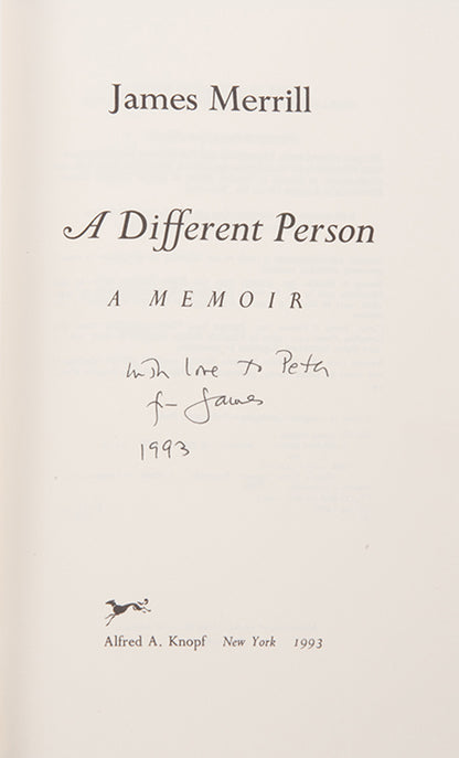A fine copy of A different person, a memoir, first edition, first printing inscribed by the author to his lover Peter Gillis, with unclipped dust jacket