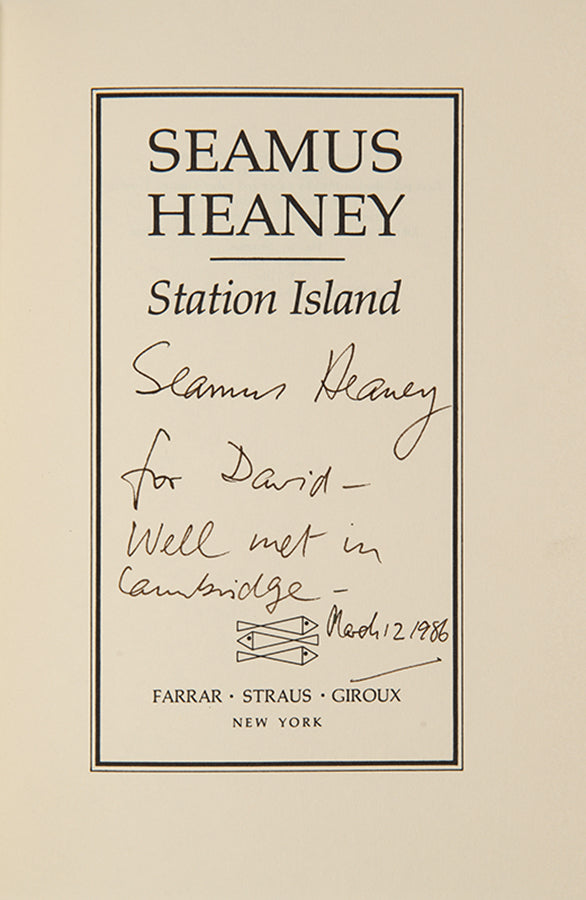 The first US edition of Seamus Heaney's Station Island, inscribed to literary critic David Lehman. 