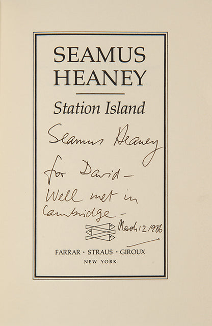 The first US edition of Seamus Heaney's Station Island, inscribed to literary critic David Lehman. 