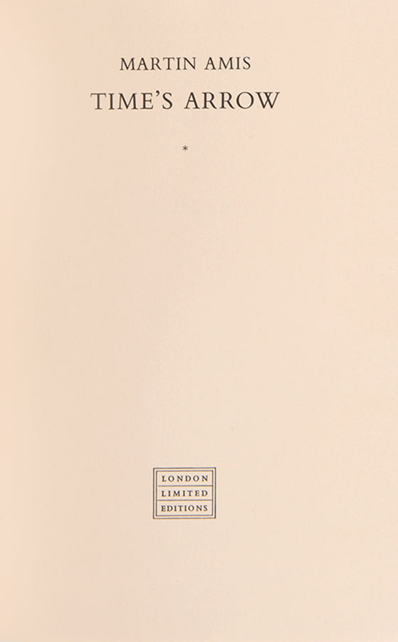 A limited first edition copy of Martin Amis' <em>Time's Arrow</em>, specially bound and signed by the author. Surprisingly, it is his only book to be shortlisted for the Booker Prize.