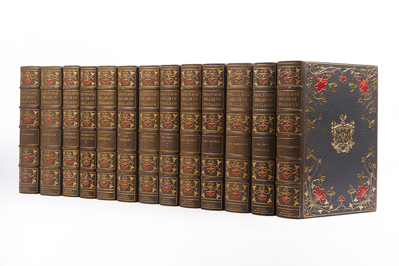 This 13 volume, limited edition,  biographical set is stunningly bound with enamel inlay, florid decoration and green silk endpapers, and gilt decoration