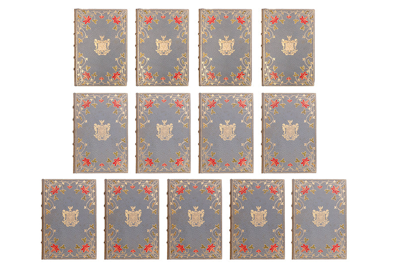 This 13 volume, limited edition,  biographical set is stunningly bound with enamel inlay, florid decoration and green silk endpapers, and gilt decoration