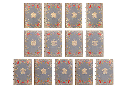 This 13 volume, limited edition,  biographical set is stunningly bound with enamel inlay, florid decoration and green silk endpapers, and gilt decoration