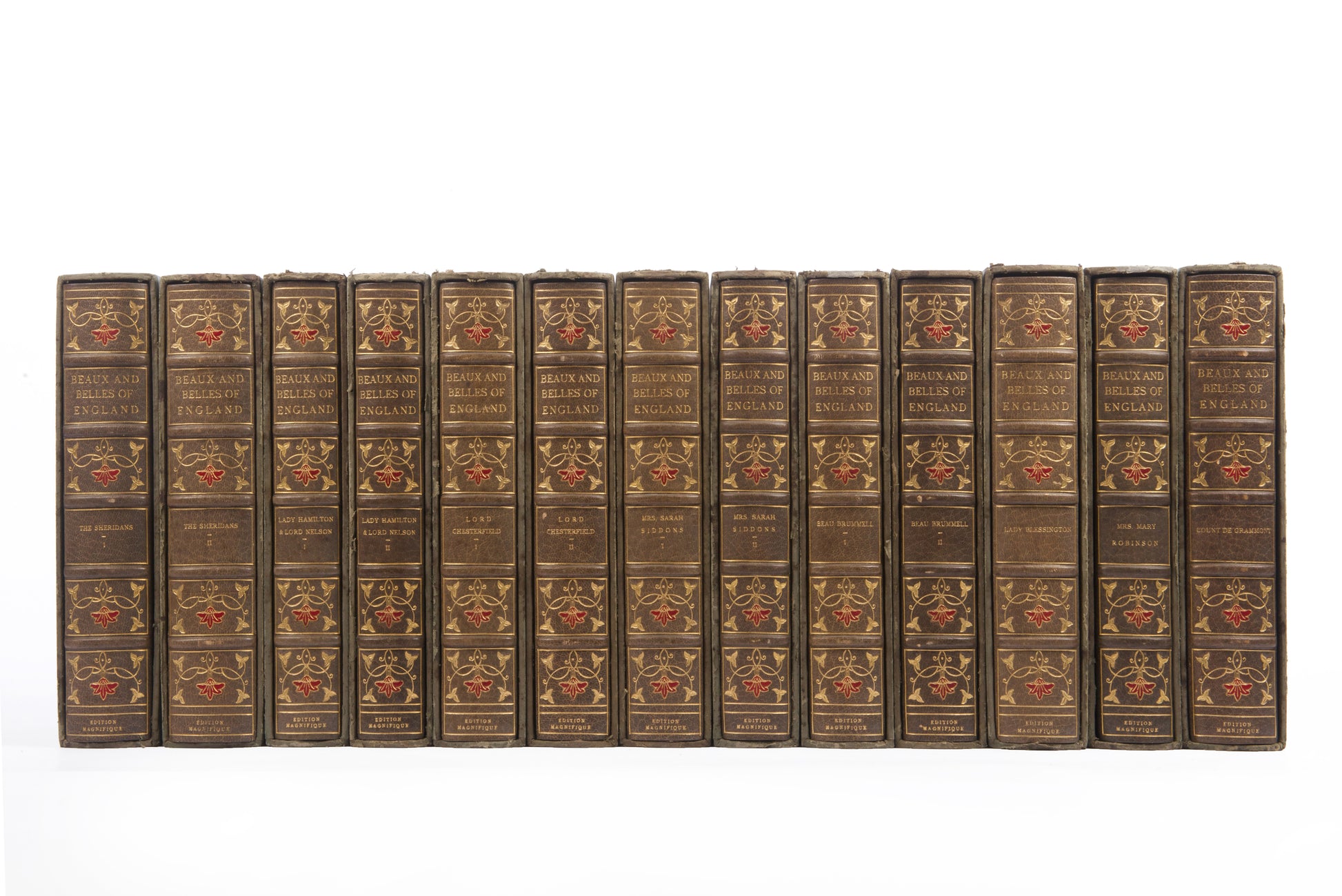 This 13 volume, limited edition,  biographical set is stunningly bound with enamel inlay, florid decoration and green silk endpapers, and gilt decoration