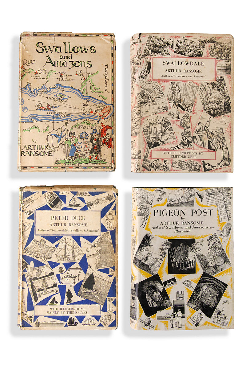 Rare to find complete first edition, first impression set of Swallows and Amazons, with the original dust wrappers, housed in custom made, velvet lined, clamshell boxes 