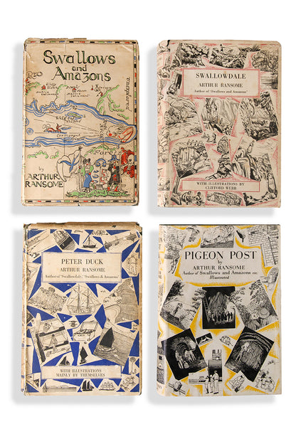 Rare to find complete first edition, first impression set of Swallows and Amazons, with the original dust wrappers, housed in custom made, velvet lined, clamshell boxes 
