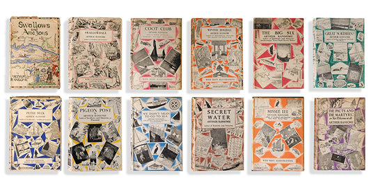 Rare to find complete first edition, first impression set of Swallows and Amazons, with the original dust wrappers, housed in custom made, velvet lined, clamshell boxes