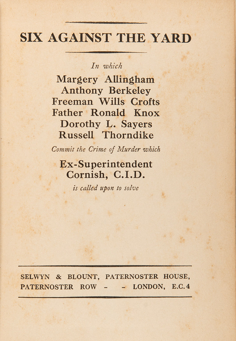 First edition, first imrpession copy of Six against the yard, with original dust jacket, featuring six short stories contributed by leading detective club authors