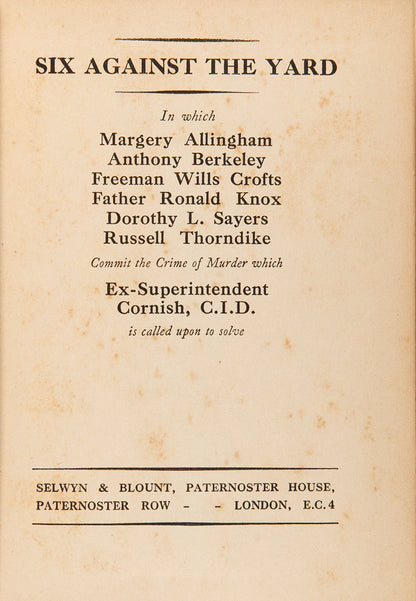 First edition, first imrpession copy of Six against the yard, with original dust jacket, featuring six short stories contributed by leading detective club authors