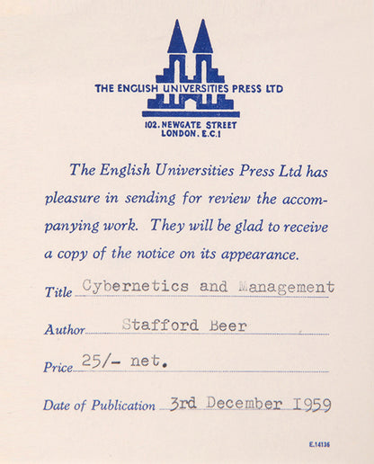 First edition of Cybernetics and Management by Stafford Beer, a rare work on large corporations as complex systems that should be approached from an information science perspective.