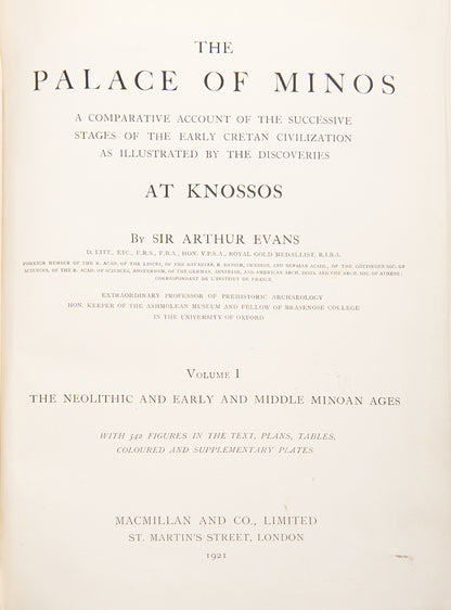 A full first edition set of The Palace of Minos by Arthur Evans, a vast work of over 3000 pages recording one of the most important excavations in the history of archaeology.