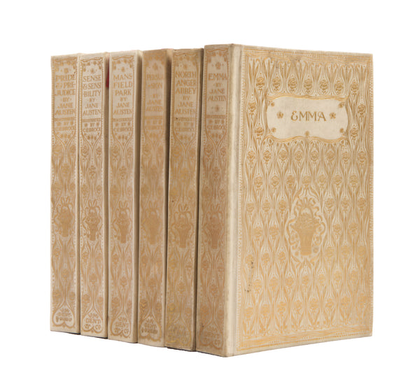 A complete set of novels by Jane Austen, first edition thus, bound in full vellum and decorative gilt, illustrated by Charles E Brock, in very good condition