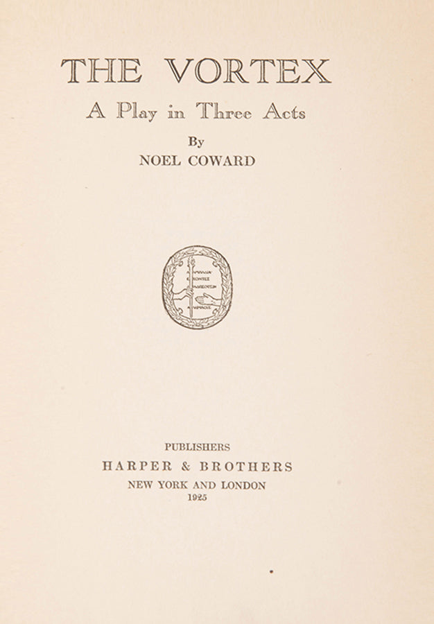 A first edition of The Vortex by Noël Coward, inscribed  to Frank Vreeland, drama critic for New YOrk newspapers and a member of Paramount Pitctures editorial board, 1925 