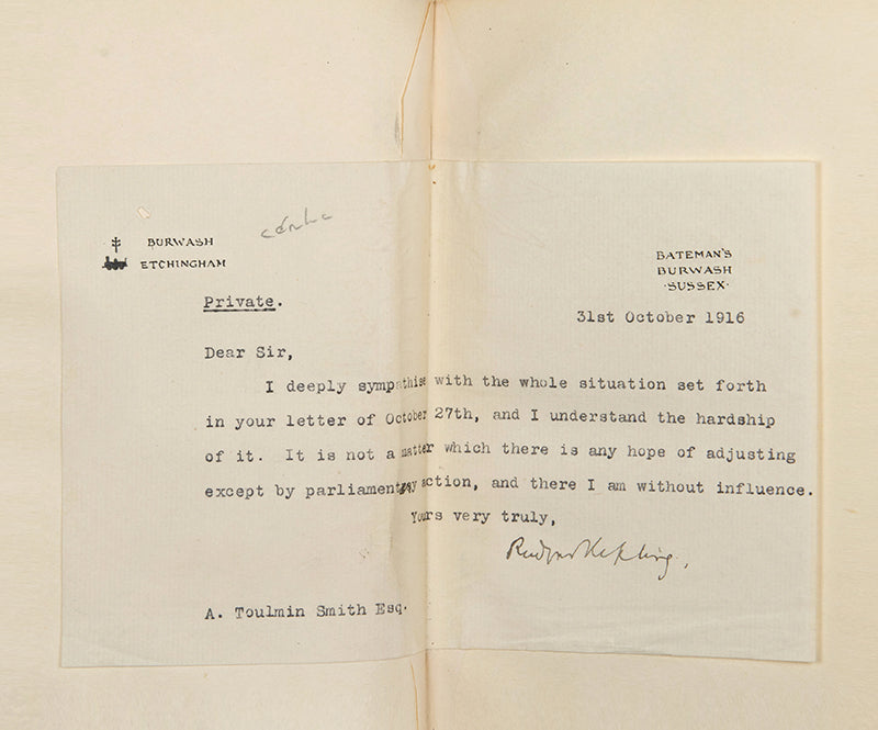 A handsome bound set of the first editions of Kipling's Jungle Book and its sequel the Second Jungle Book, with a tipped-in typewritten letter signed by Kipling