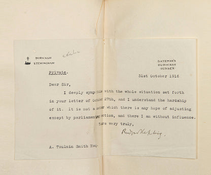 A handsome bound set of the first editions of Kipling's Jungle Book and its sequel the Second Jungle Book, with a tipped-in typewritten letter signed by Kipling