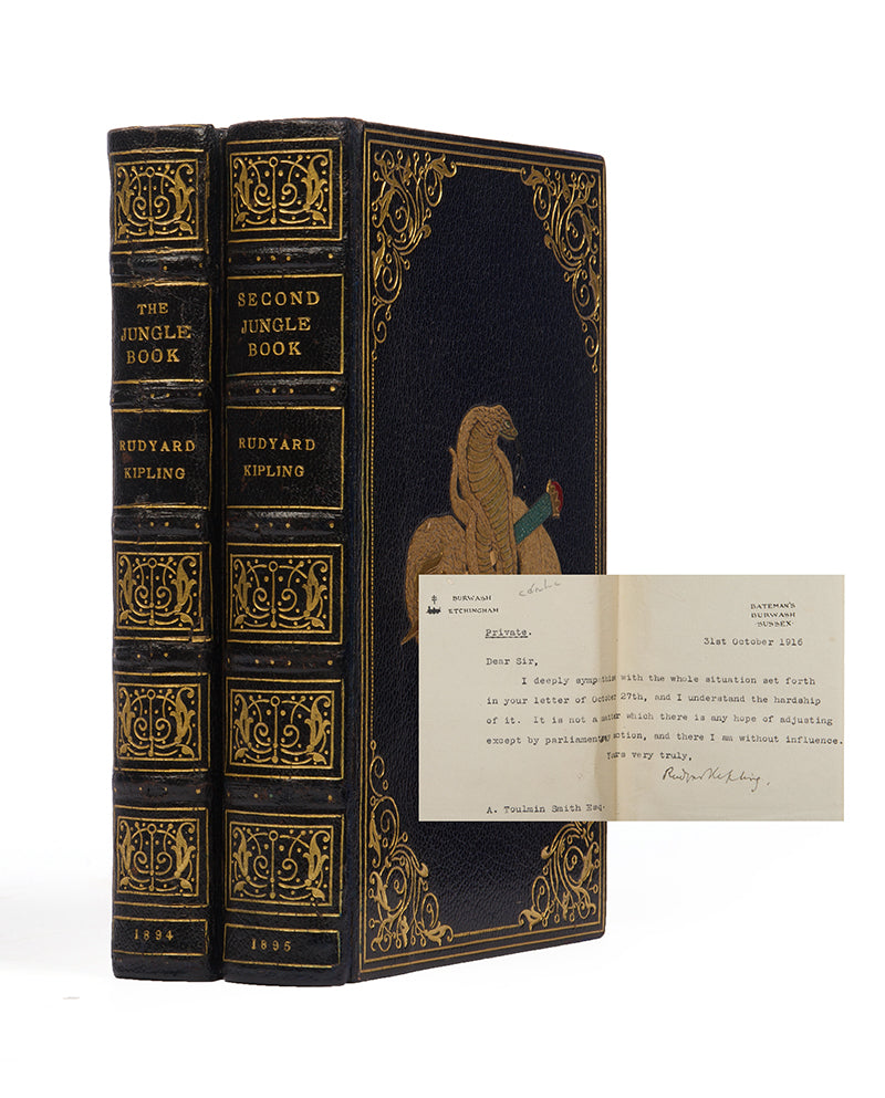 A handsome bound set of the first editions of Kipling's Jungle Book and its sequel the Second Jungle Book, with a tipped-in typewritten letter signed by Kipling