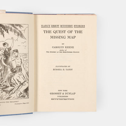 A first edition of The Quest of the Missing Map by Carolyn Keene, the nineteenth book in the Nancy Drew series.
