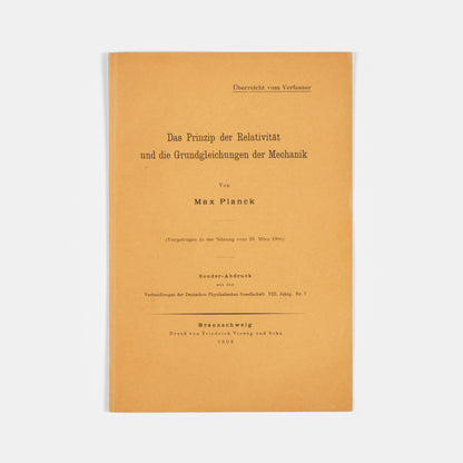 The rare author's offprint of the first public response to Einstein's special relativity, Das Prinzip der Relativität und die Grundgleichungen der Mechanik by Max Planck.