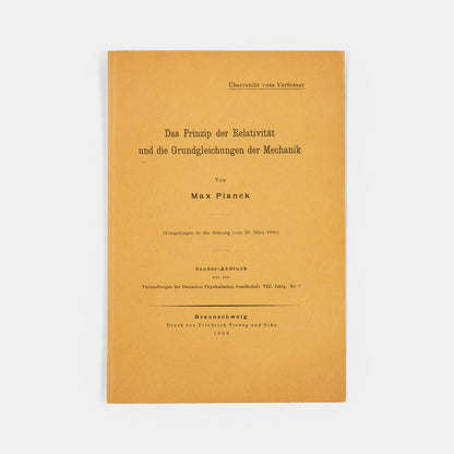 The rare author's offprint of the first public response to Einstein's special relativity, Das Prinzip der Relativität und die Grundgleichungen der Mechanik by Max Planck.